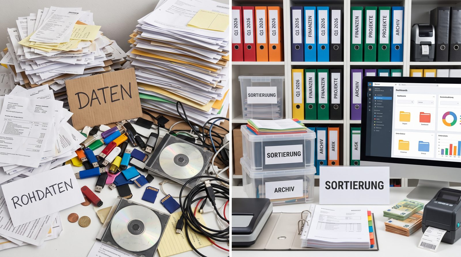 Zweigeteiltes Bild: links ein chaotischer Haufen aus Papieren, USB-Sticks, CDs und Kabeln mit den Schildern „Daten“ und „Rohdaten“, rechts ein aufgeräumtes Regal mit beschrifteten Ordnern, Boxen „Sortierung“ und „Archiv“ und ein Bildschirm mit Dashboard.