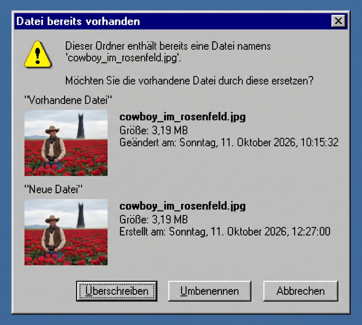 Windows-Dialog „Datei bereits vorhanden“: Der Ordner enthält bereits eine Datei namens cowboy_im_rosenfeld.jpg. Vorhandene und neue Datei zeigen dasselbe Bild – einen Cowboy im Rosenfeld vor einem dunklen Turm –, beide 3,19 MB groß, nur die Uhrzeit unterscheidet sich. Schaltflächen: Überschreiben, Umbenennen, Abbrechen.