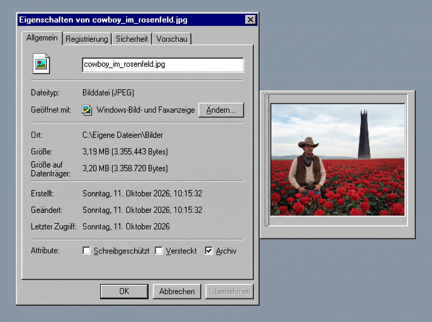 Windows-Dialog „Eigenschaften von cowboy_im_rosenfeld.jpg“: Bilddatei (JPEG), 3,19 MB, erstellt am Sonntag, 11. Oktober 2026. Daneben die Vorschau: ein Mann mit Cowboyhut in einem roten Rosenfeld, im Hintergrund ein dunkler Turm.